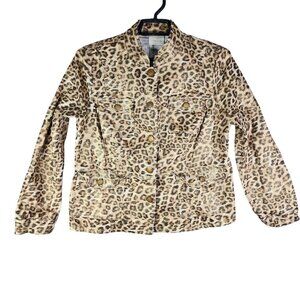 Chico's Brown Leopard Print Jacket Button Up Front Pockets Long Sleeve Size 1